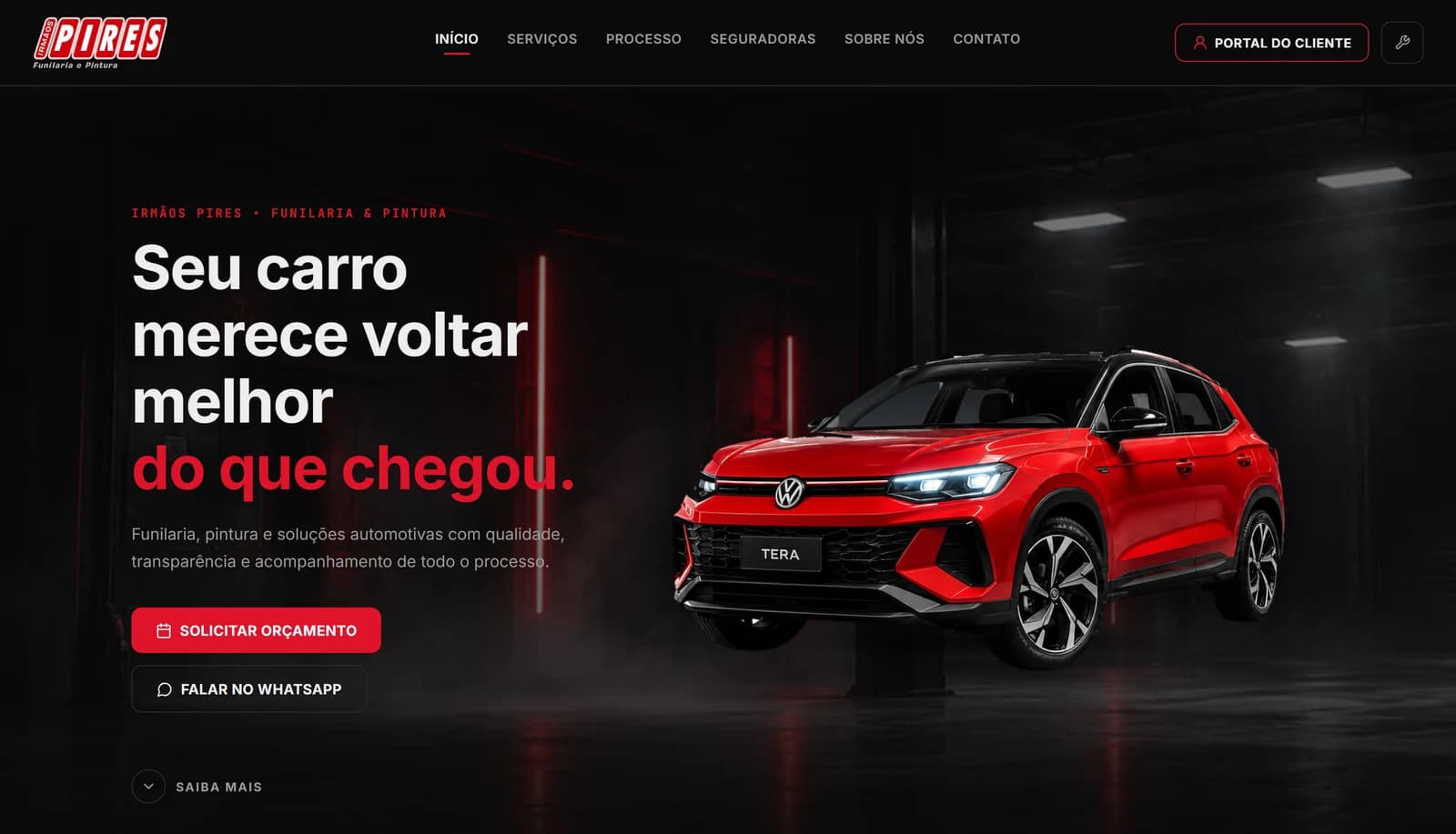 Página inicial do site da Oficina Irmãos Pires, com o título "Seu carro merece voltar melhor do que chegou" e os botões Solicitar orçamento e Falar no WhatsApp.